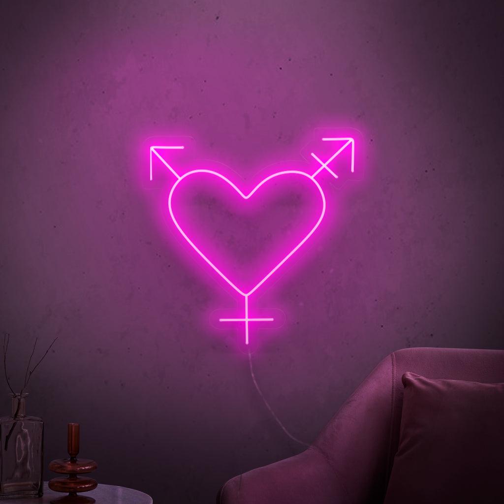 Een opvallend neonbord met het transgendersymbool, dat de LGBTQ+-gemeenschap en de principes van inclusiviteit en gelijkheid vertegenwoordigt.