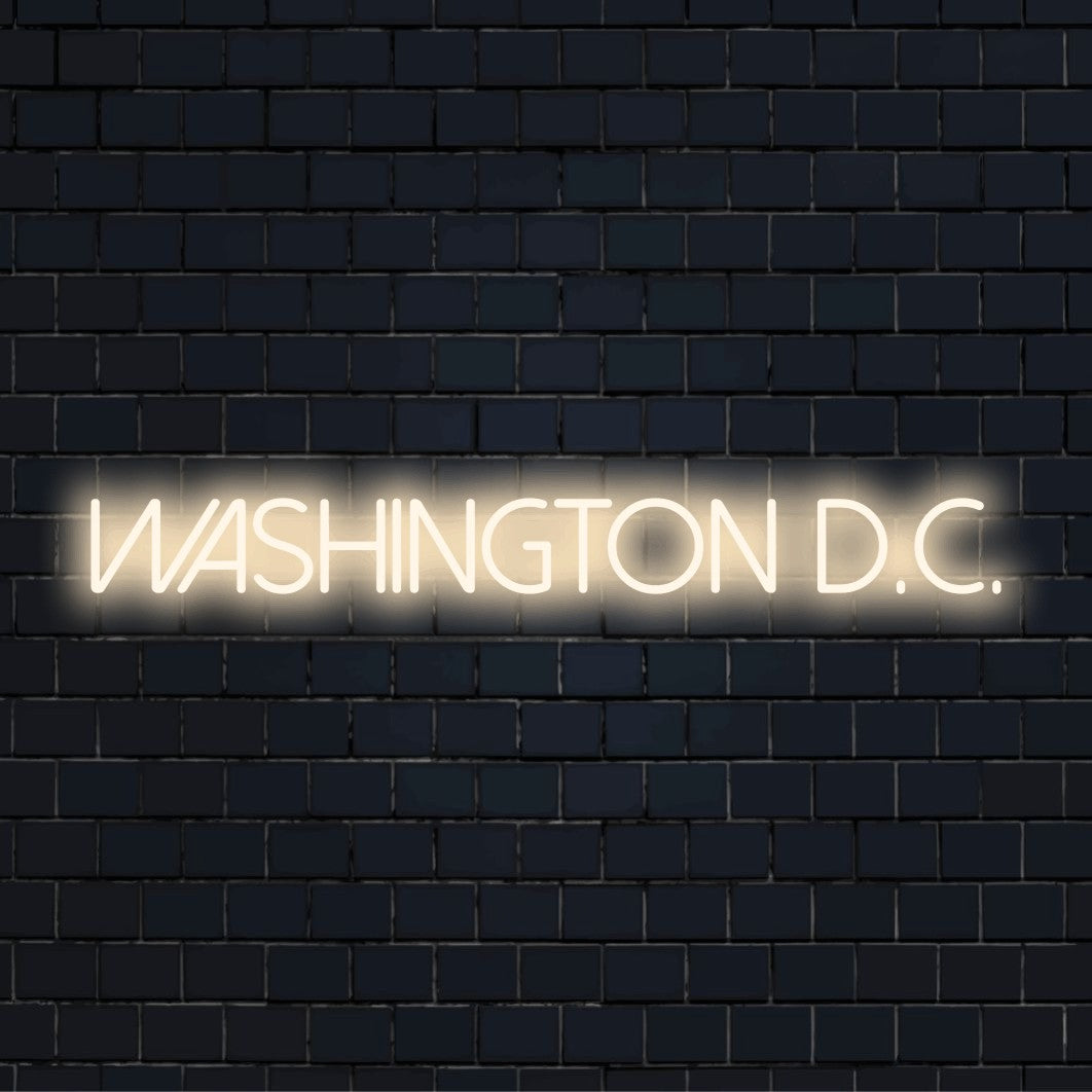 Washington D C Neon Light with soft neon glow on dark brick background