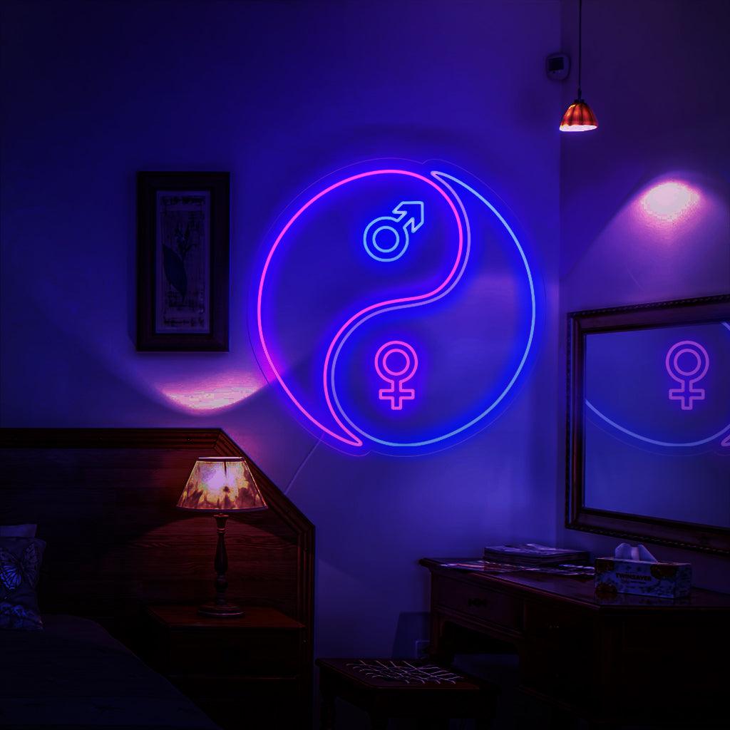 Een betoverend neonbord met het Yin en Yang-symbool, dat de harmonieuze balans tussen mannelijke en vrouwelijke energieën uitbeeldt.