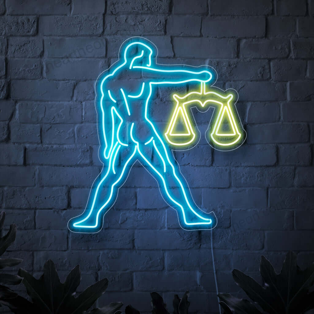Een betoverend neonbord met het symbool Weegschaal, een man die de weegschaal vasthoudt. Dit neonbord met astrologiethema voegt een vleugje mystiek en elegantie toe aan elke ruimte en straalt een levendig en betoverend licht uit. Het vertegenwoordigt het sterrenbeeld Weegschaal, dat symbool staat voor evenwicht, harmonie en rechtvaardigheid.