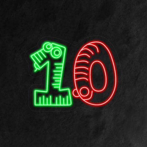 "Neonbord voor 10e verjaardag" heeft een vrolijk ontwerp met een levendig cijfer '10', dat op speelse wijze elementen van een feestje combineert. Perfect voor het creëren van een feestelijke en onvergetelijke sfeer op het 10e verjaardagsfeestje van een kind.