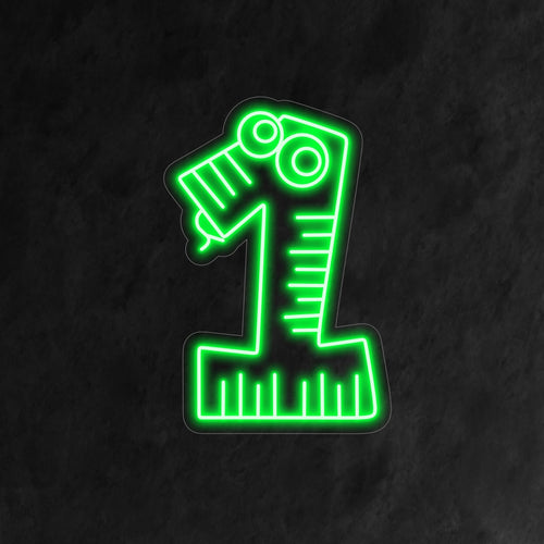 "1st Happy Birthday Neon Sign" toont een vrolijk cijfer 1, dat lijkt op een vriendelijke slang met persoonlijkheid. Perfect voor een speelse en vrolijke viering van de eerste verjaardag van een kind.