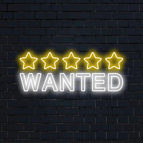 Levendig, op maat gemaakt LED-neonbord met '5 Stars Wanted' in opvallende letters, perfect voor een opvallende neondecoratie.