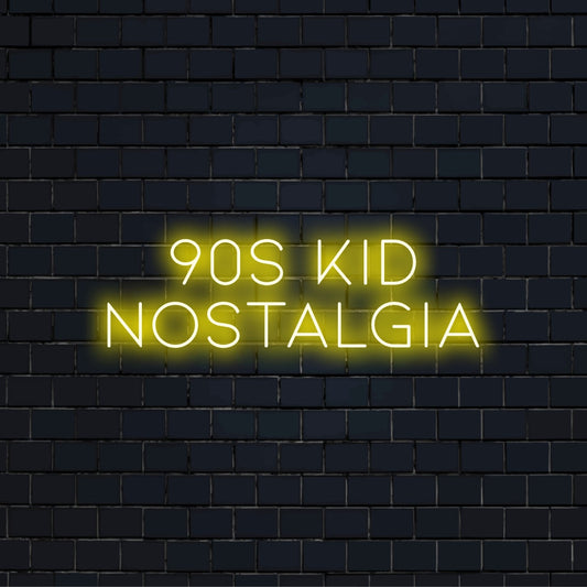 90s Kid Nostalgia Neon Sign, bright neon lettering on dark brick wall