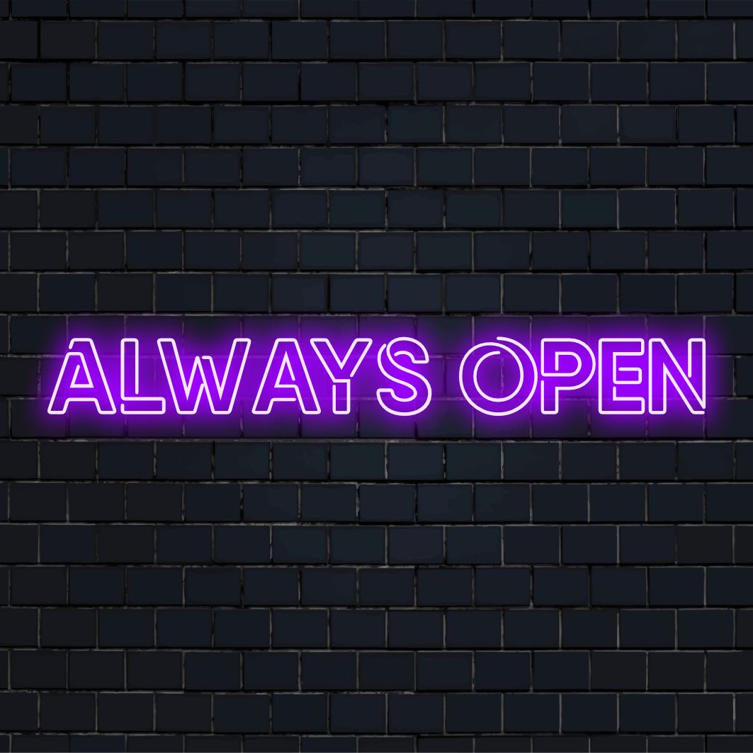 LED-neonreclame met de tekst Always Open, levendig en uitnodigend, perfect neondecor voor elke ruimte.