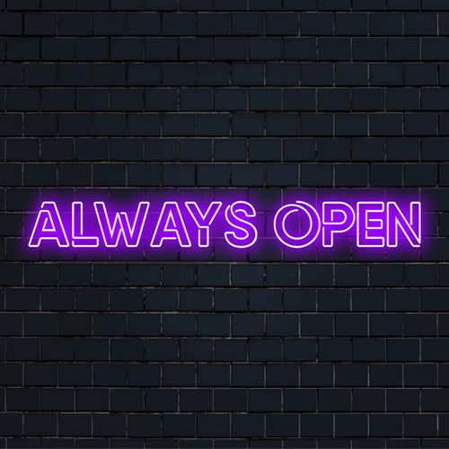 LED-neonreclame met de tekst Always Open, levendig en uitnodigend, perfect neondecor voor elke ruimte.