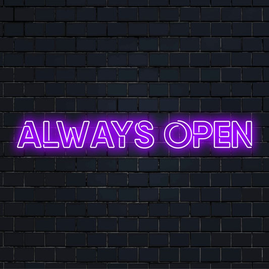 LED-neonreclame met de tekst Always Open, levendig en uitnodigend, perfect neondecor voor elke ruimte.