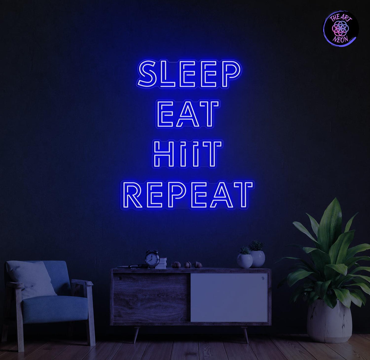 Room mockup of a blue gym LED neon sign
