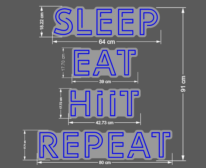 Technical drawing showing the dimensions of four blue LED neon word signs