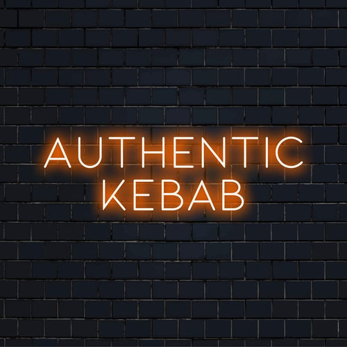 Handgemaakt LED-neonbord met de tekst 'Authentieke Kebab' in levendige kleuren, perfect voor een opvallende neondecoratie.