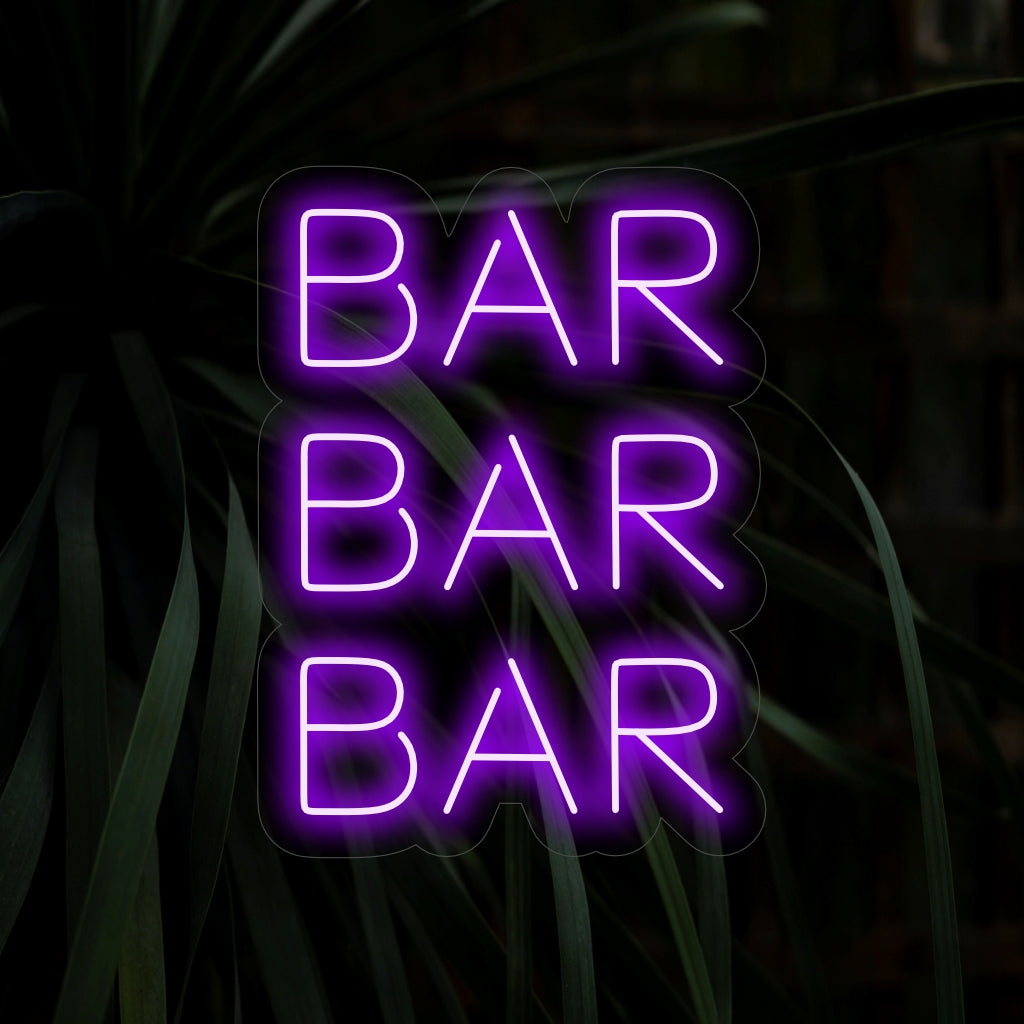 "Bar Bar Bar Neon Sign" - Een levendig neonlicht met een opvallende en herhalende weergave van het woord "Bar", dat voor spanning en flair zorgt in uw bar of pub.