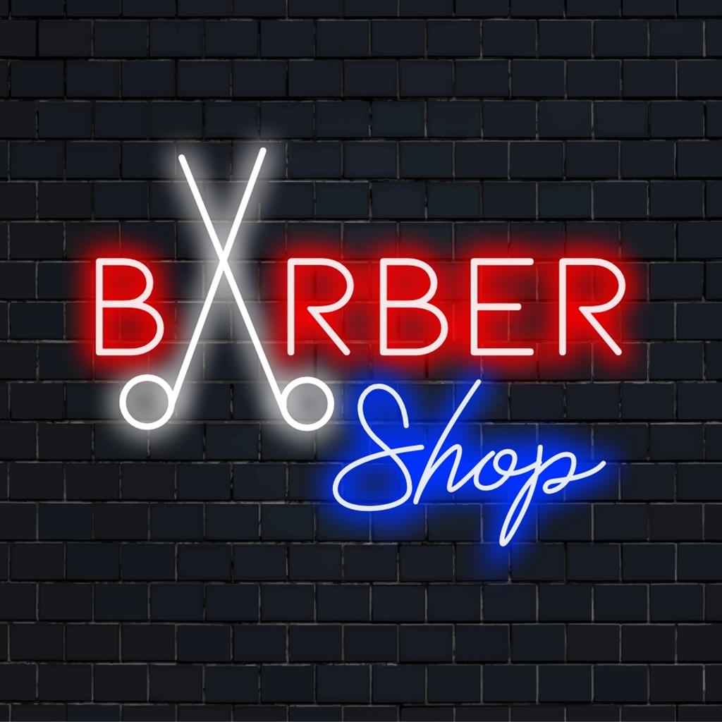 Op maat gemaakt LED-neonreclamebord voor een kapperszaak, dat tekst en afbeeldingen combineert voor unieke lichtkunst en gepersonaliseerde decoratie.