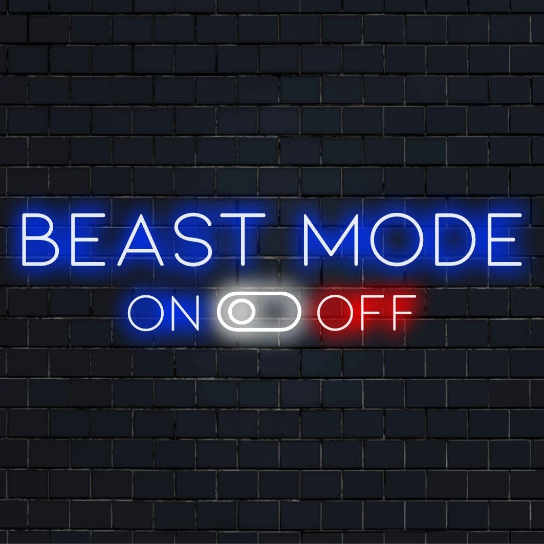 Neon wandkunst met Beast Mode AAN in levendige LED-lampjes, perfect voor een krachtige en motiverende sfeer.