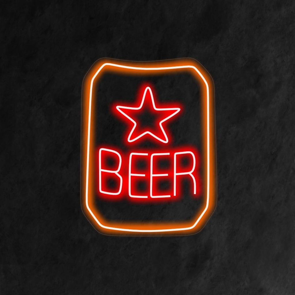 "Beer Brand With Star Neon Sign" is een stijlvolle en merkeigen toevoeging aan het interieur van uw bar. Een neonlamp die een populair biermerk met een ster uitlicht.