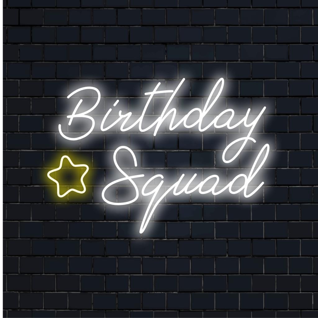 Birthday Squad Neon Sign: op maat gemaakt LED-ontwerp met levendige tekstkunst, perfect voor neonlichtdecoraties en feesten.