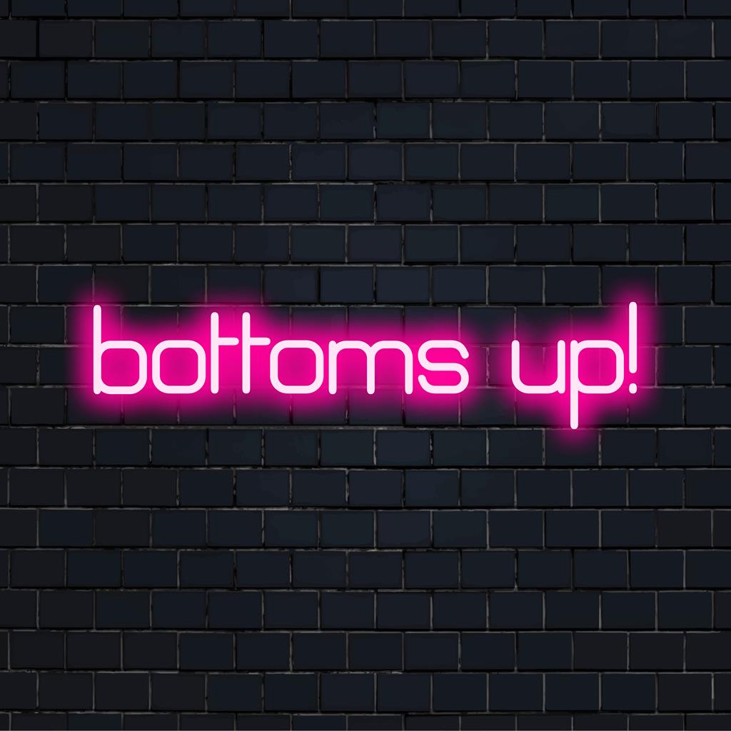 Felgekleurde Bottoms Up! neonreclame; perfect om een ​​levendige touch toe te voegen aan je bardecoratie. Gepersonaliseerde led-neon voor een feestelijke sfeer.