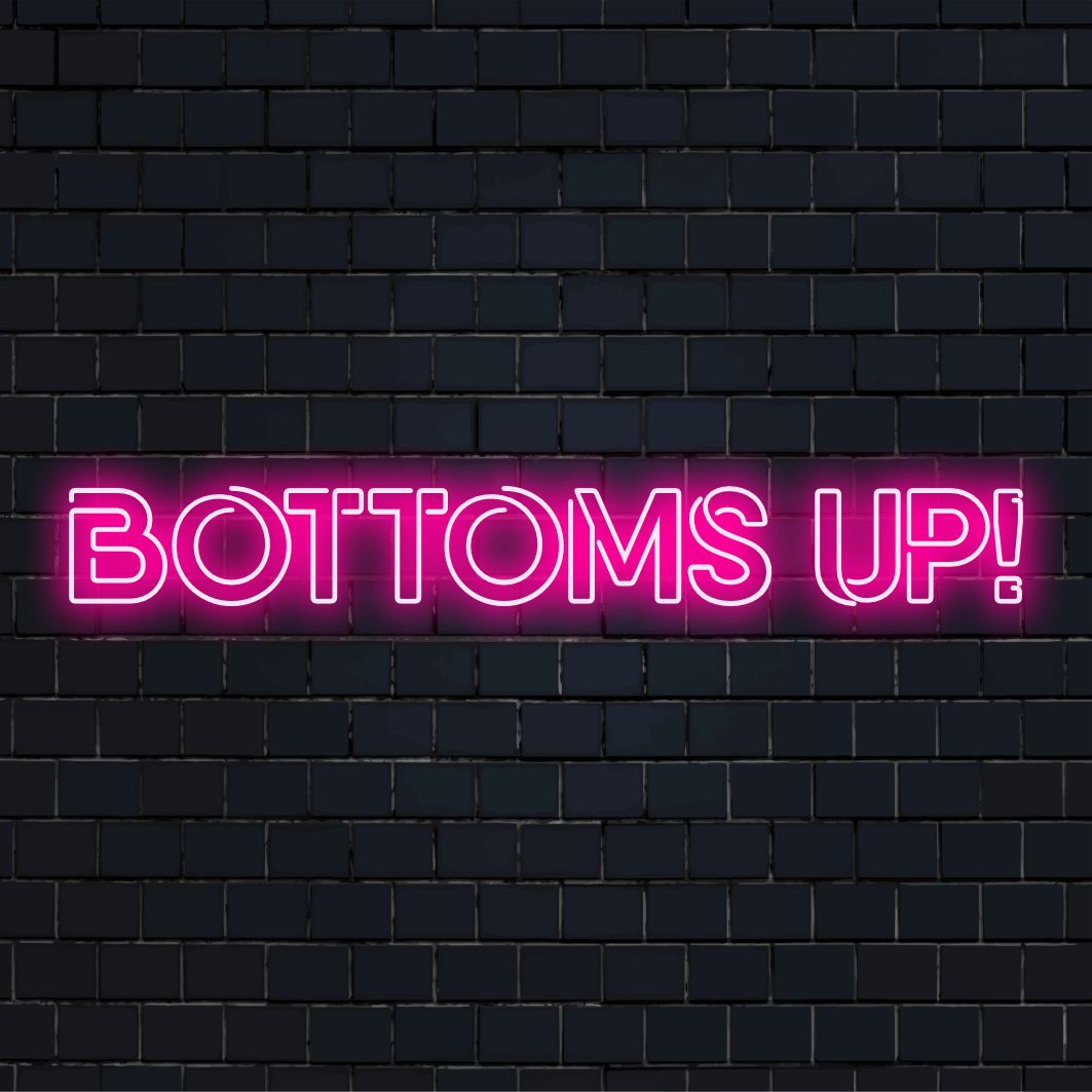 Levendig Bottoms Up! neonlicht, een speelse en energieke led-verlichting, perfect voor bars of feestlocaties. Aangepaste neonverlichting.