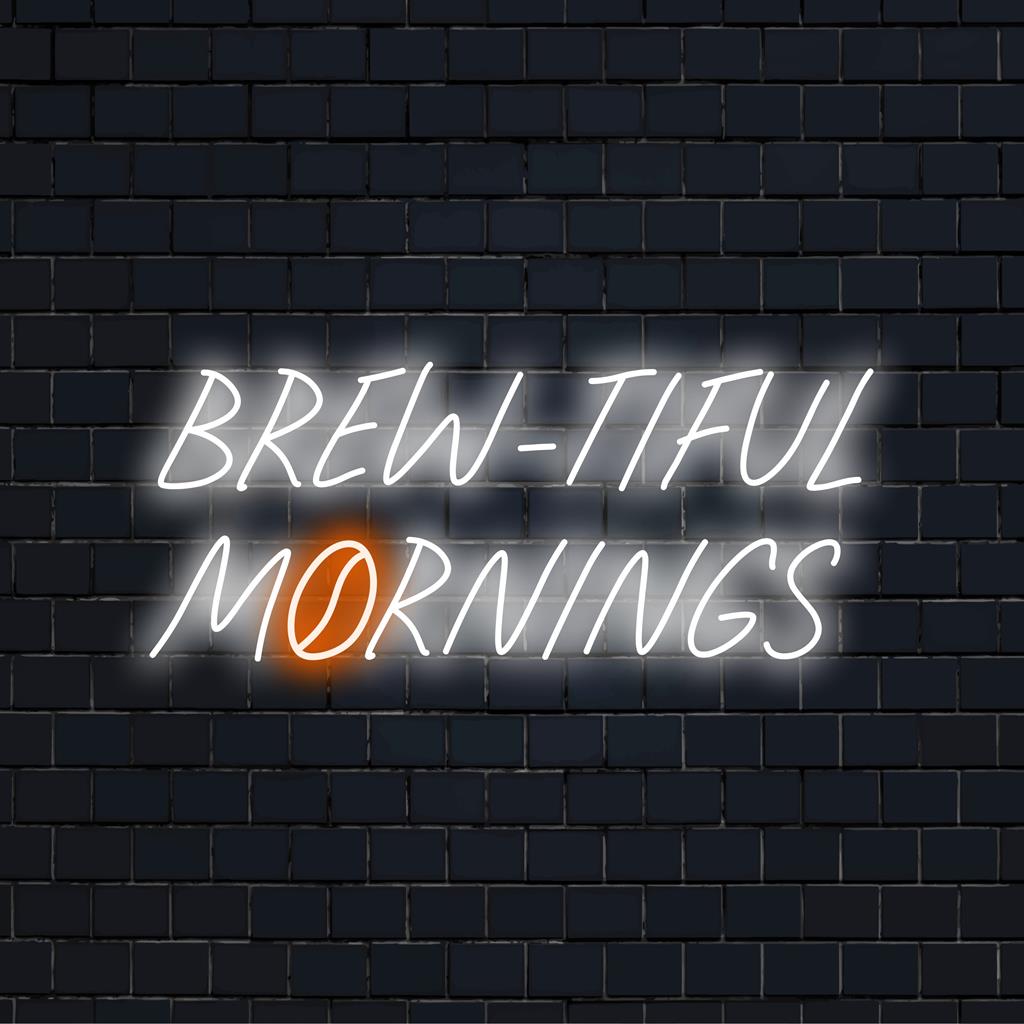 Levendig neonlicht met de tekst Brew-Tiful Mornings voor een vrolijke inrichting; geef uw ruimte energie met een op maat gemaakte LED-hanger.