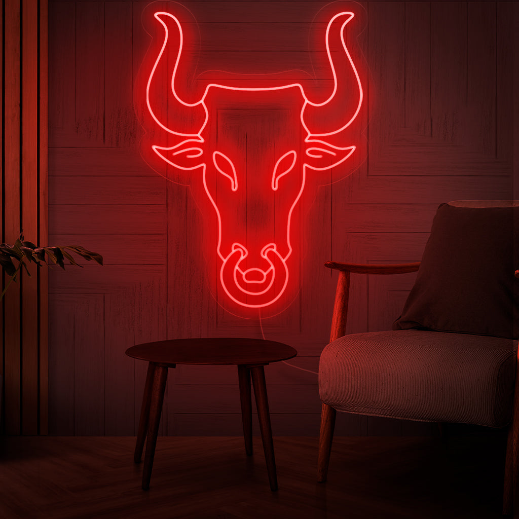 "Bull's Head Neon Sign" - Een opvallend neonlicht met de iconische afbeelding van een stierenkop, dat kracht, vastberadenheid en zuidwestelijke charme in uw leefruimte brengt.