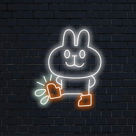 "Bunny in Boots Neon Sign" - Een speels neonlicht met de speelse afbeelding van een konijn met laarzen. Het zorgt voor vrolijkheid en liefde voor schattige wezens in uw leefruimte.
