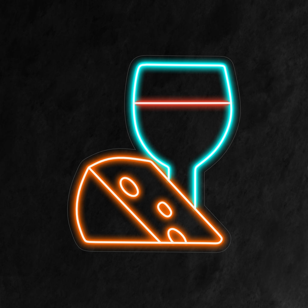 "Kaas met wijn neonlicht" ��� Een smaakvolle en verfijnde neonlamp die de heerlijke combinatie van kaas en wijn laat zien en warmte en charme toevoegt aan uw keuken of eetkamer.