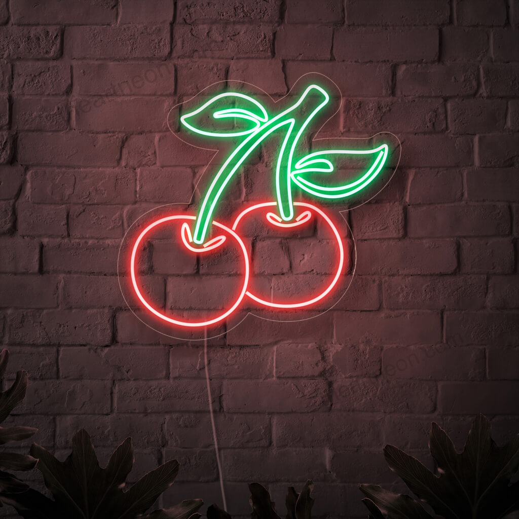 "Cherry Neon Sign" – A sweet and vibrant neon light showcasing luscious cherries, bringing fruity charm and warmth to your space.