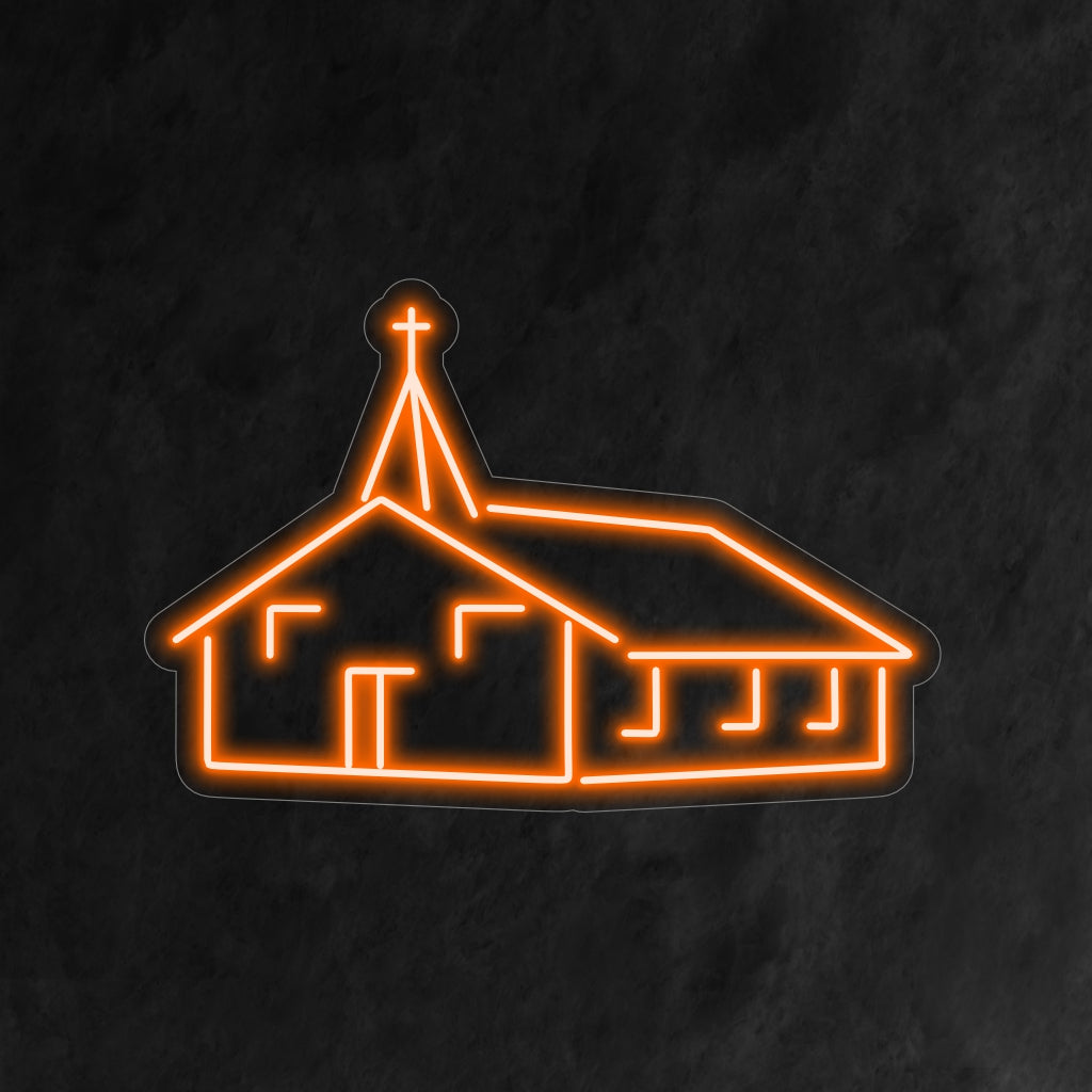"Neonreclame voor kerkgebouw" - Een spiritueel en sereen neonlicht dat het silhouet van een klassiek kerkgebouw weergeeft, waardoor uw ruimte rust en een beschouwende sfeer krijgt.