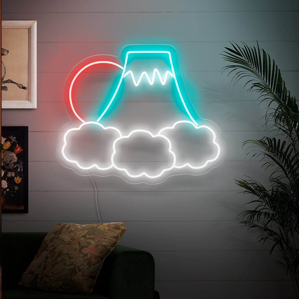 "Abstract neonlicht met wolken, bergen en de zon" ��� Een door de natuur geïnspireerd en sereen neonlicht met een abstracte weergave van wolken, bergen en de zon, waardoor uw ruimte rust en een beschouwende sfeer krijgt.