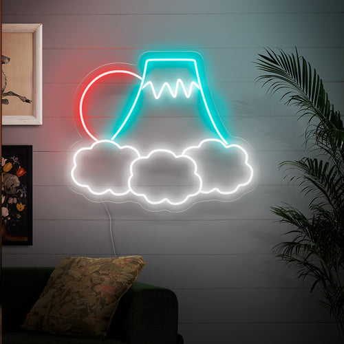 "Abstract neonlicht met wolken, bergen en de zon" ��� Een door de natuur geïnspireerd en sereen neonlicht met een abstracte weergave van wolken, bergen en de zon, waardoor uw ruimte rust en een beschouwende sfeer krijgt.
