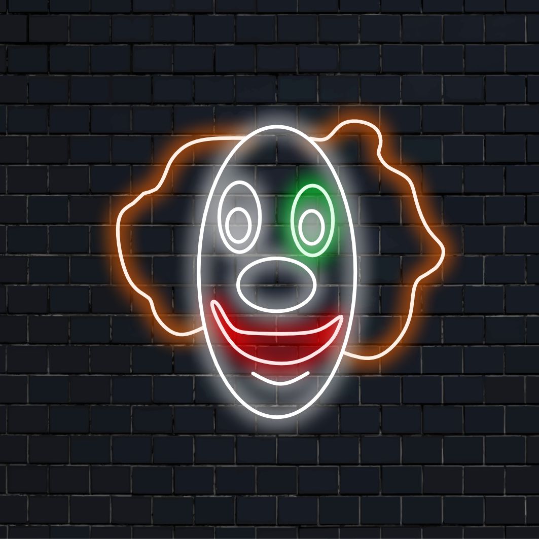 "Clown Face Neon Sign" - Een speels en levendig neonlicht met het grillige ontwerp van een clownsgezicht, dat uw ruimte vrolijk en met een vleugje plezier brengt.