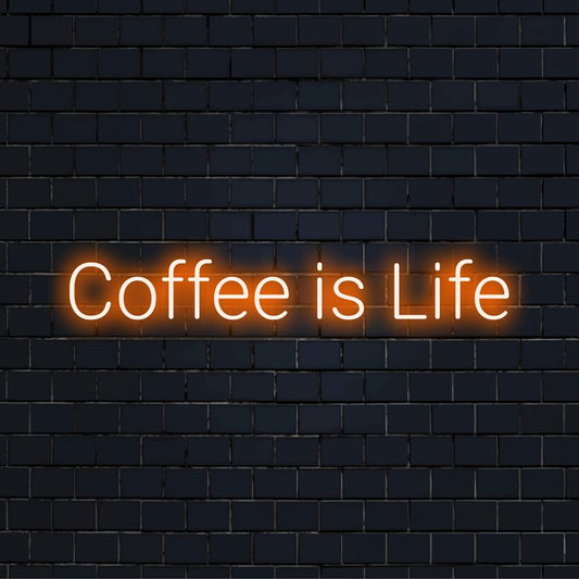 Gepersonaliseerd LED-neonbord met de tekst Coffee Is Life; een combinatie van woorden en licht die uw liefde voor koffie benadrukt.