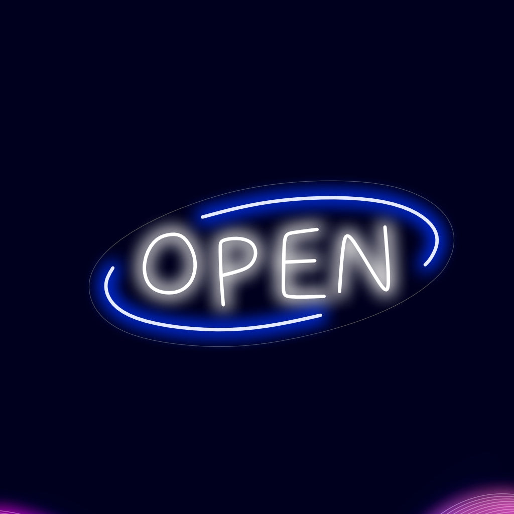 "Kleurrijk open neonbord" - Een levendig neonlicht met de tekst "Open", dat uw winkel een levendige en uitnodigende sfeer geeft.