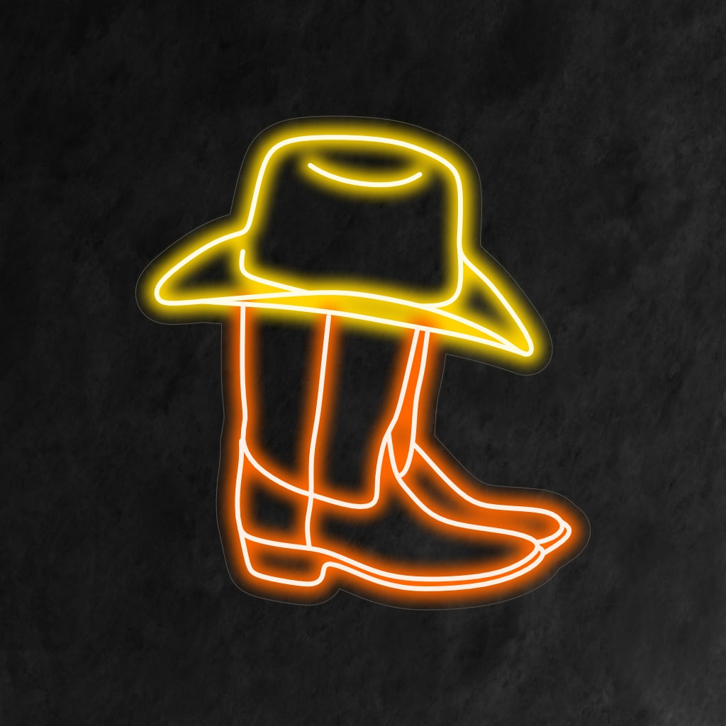 Op maat gemaakt LED-neonbord met gedetailleerd neonontwerp van cowboylaarzen en cowboyhoed, ideaal voor unieke wanddecoratie.