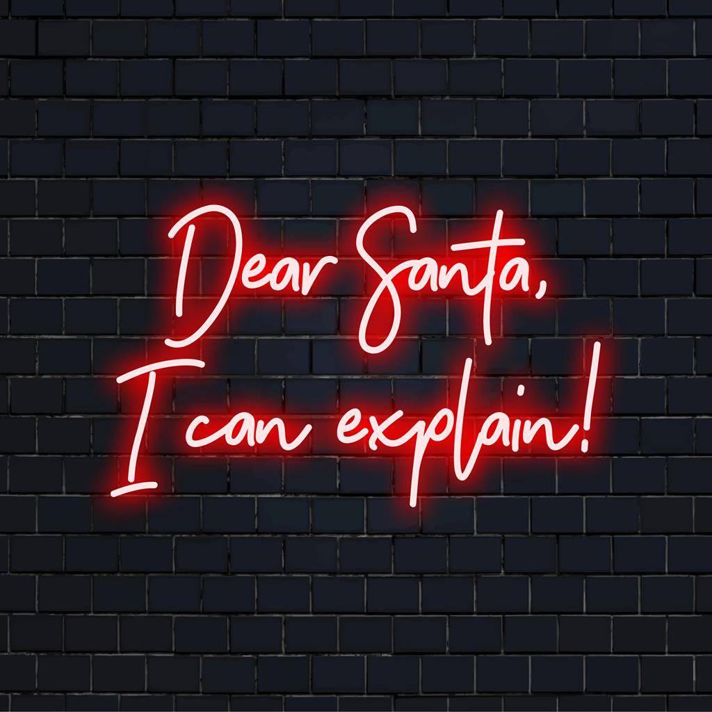LED-neonreclame met de tekst 'Beste Kerstman, ik kan het uitleggen!' Perfect voor feestelijke neondecoratie en gepersonaliseerde feestelijke wanddecoratie.