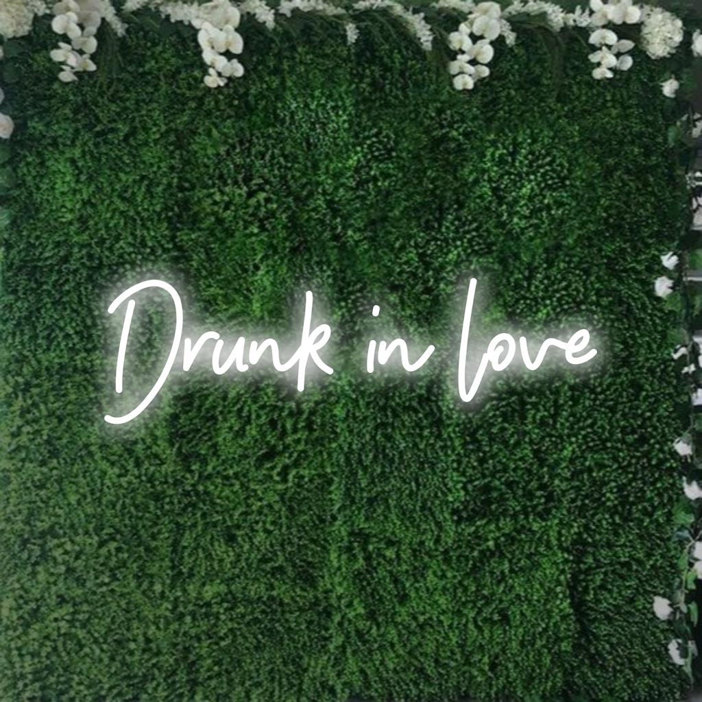 Levendige, op maat gemaakte LED-neonborden met de tekst 'Drunk In Love' verlichten ruimtes met levendige neonkunst en een schitterende ambiance.