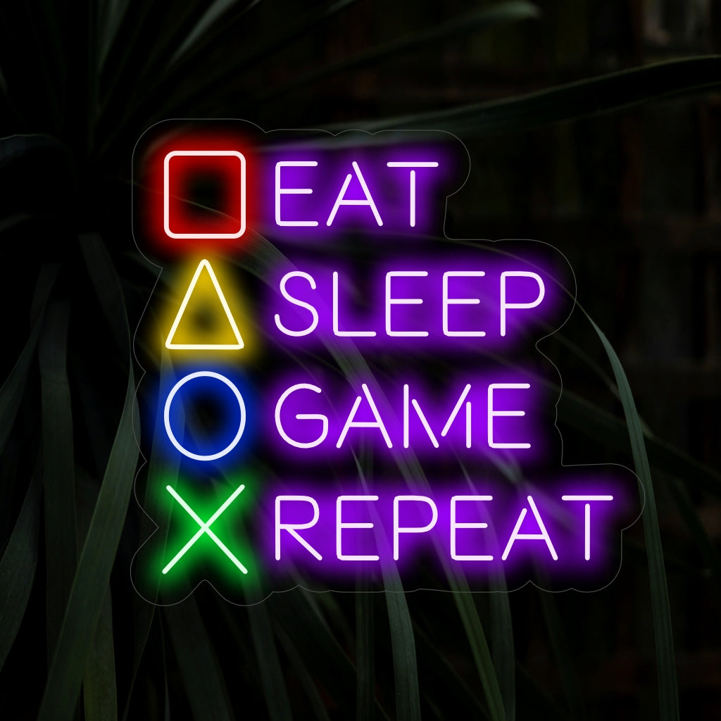 "Eat Sleep Game Repeat Neon Sign" licht speels op en is perfect voor gamekamers en ruimtes die in het teken staan ​​van de game-lifestyle. Het legt het plezier en enthousiasme van gamers vast.