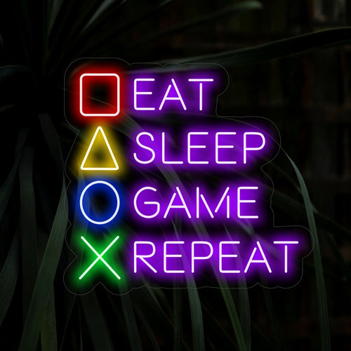 "Eat Sleep Game Repeat Neon Sign" licht speels op en is perfect voor gamekamers en ruimtes die in het teken staan ​​van de game-lifestyle. Het legt het plezier en enthousiasme van gamers vast.