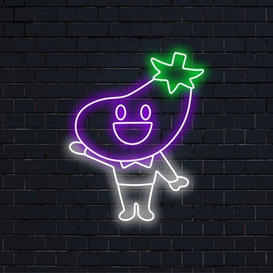 "Eggplant Head Neon Sign" lights up with whimsy, perfect for quirky spaces and vegan restaurants, adding a playful touch with its creative eggplant head design.