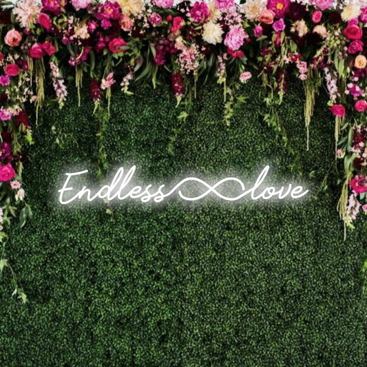 LED neon sign featuring an infinity symbol with Endless Love text, perfect for custom neon wall art and decor.