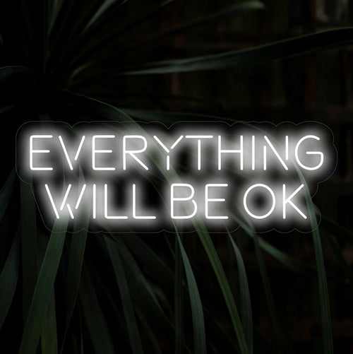 Het neonbord "Everything Will Be OK" licht geruststellend op en is perfect voor ruimtes die optimisme en aanmoediging uitstralen.