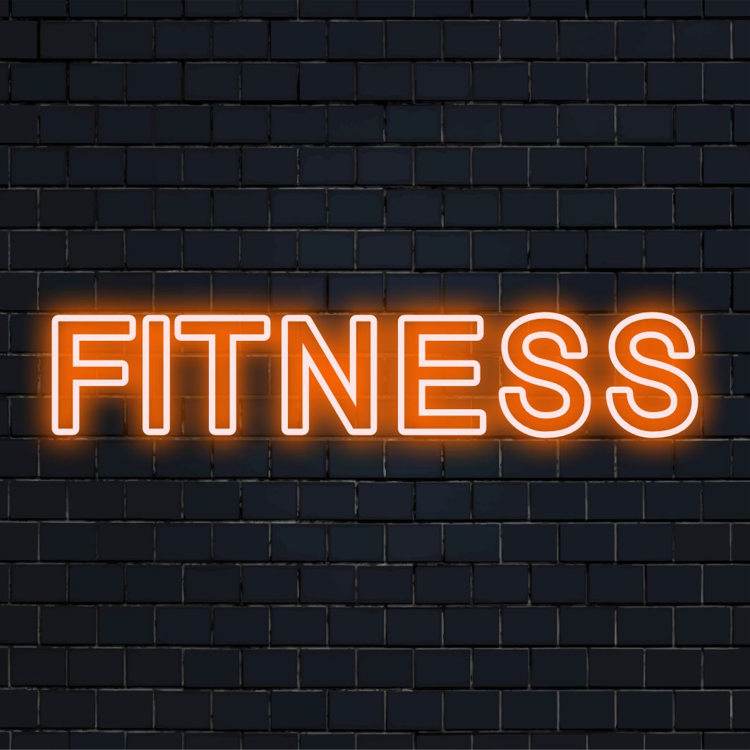 Neonreclame met fitnessthema en inspirerende teksten of symbolen; ideaal voor sportscholen of als decoratie in huis. Op maat gemaakte LED-neonkunst.