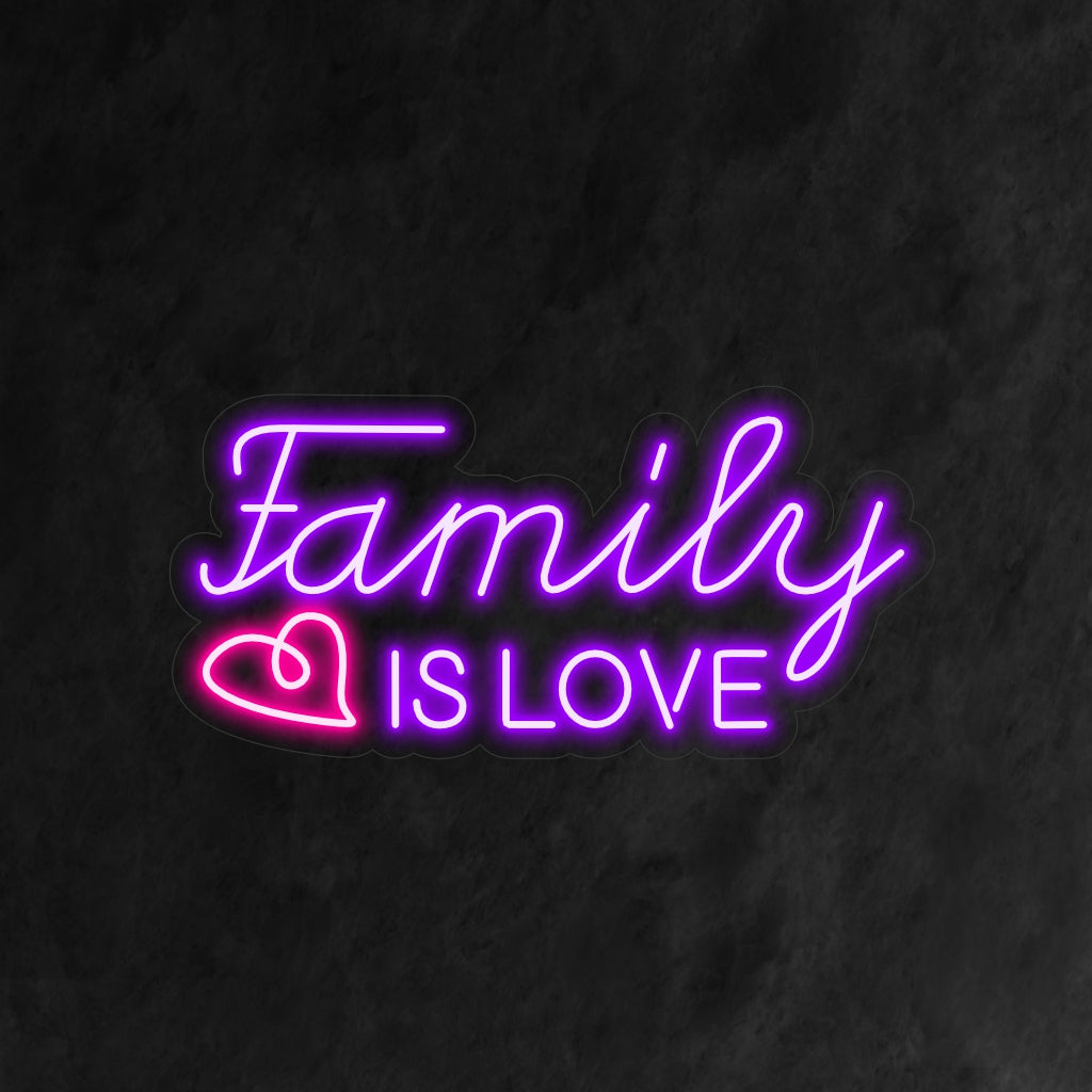 Het neonbord "Family Is Love" geeft een hartverwarmend licht af en is perfect voor huizen en ruimtes die de gekoesterde familieband vieren. Het voegt een vleugje warmte en liefde toe aan de sfeer.