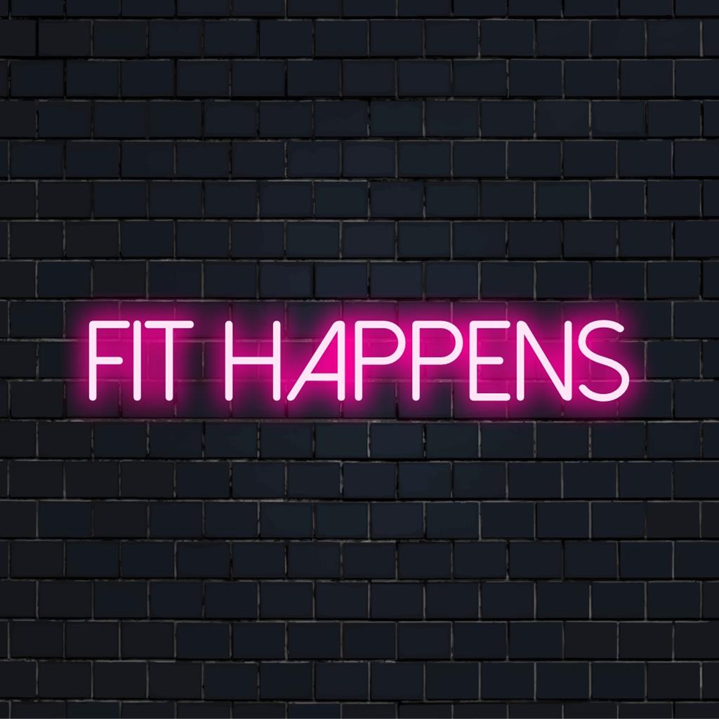 Op maat gemaakt Fit Happens neonbord; levendig LED-lichtontwerp met speelse gloed voor een moderne inrichting.