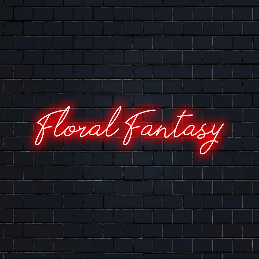 Een levendig neonbord met de naam Floral Fantasy, met een ingewikkeld bloemendesign in gloeiende LED-kleuren; perfect om charme toe te voegen aan elke ruimte.