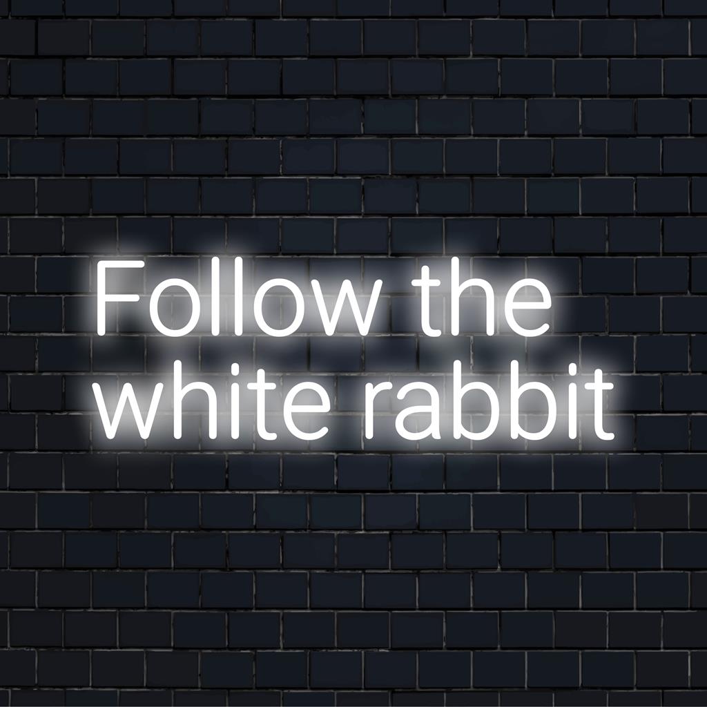Op maat gemaakte LED-neonreclame met de tekst 'Volg het Witte Konijn', met oplichtende witte letters. Ideaal voor unieke neonkunst aan de muur.