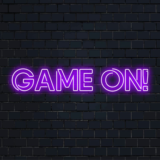 Vibrant 'Game On!' LED neon sign, perfect neon light decor for game rooms, featuring bold letters and a dynamic design.