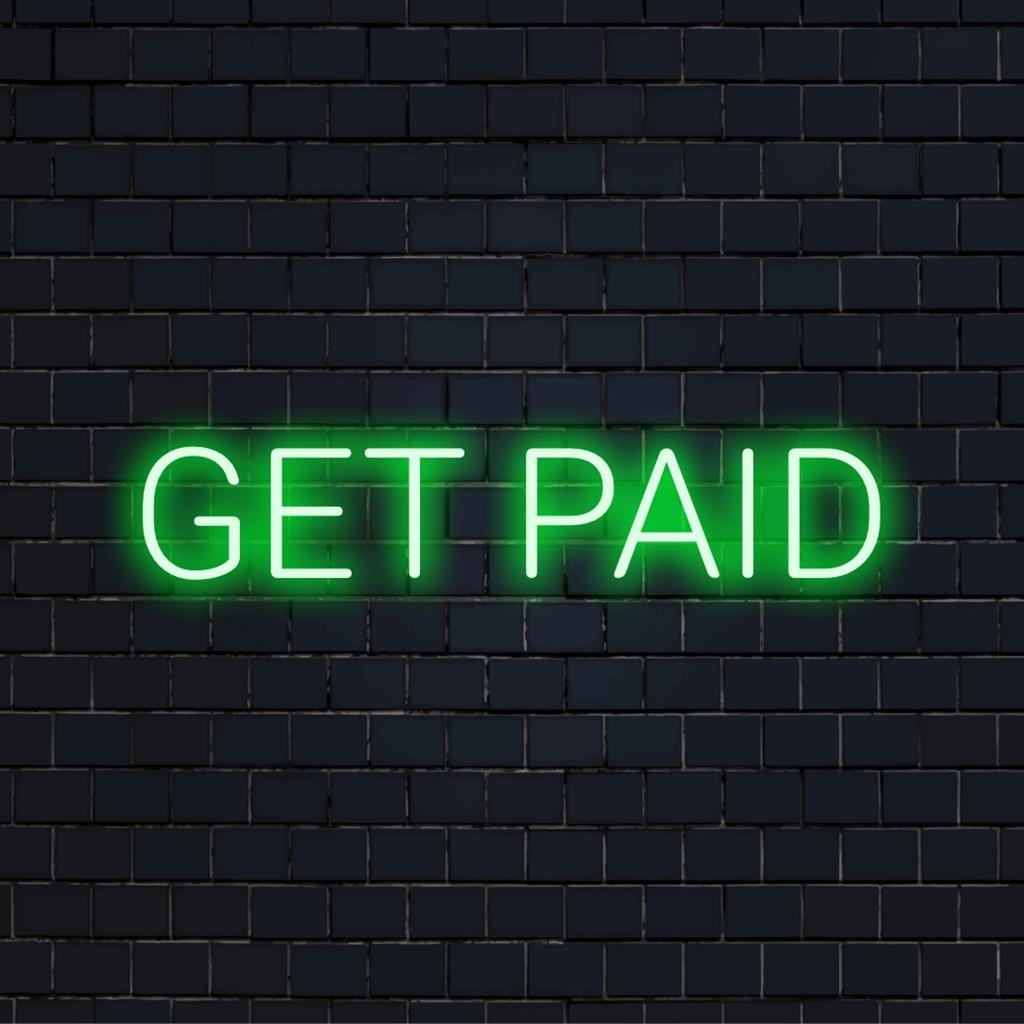 Gepersonaliseerde LED-neonreclame met de tekst 'Get Paid' in stijlvolle, oplichtende letters. Perfecte neon-muurkunst als motiverende decoratie.