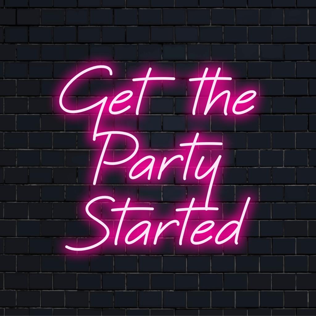 A vibrant Get The Party Started custom LED neon sign, ideal for energizing spaces with its playful neon light energy.