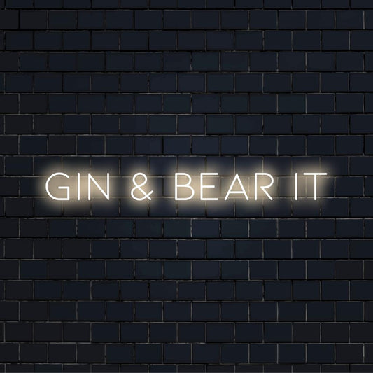 Custom-made LED neon sign reading Gin And Bear It, perfect for adding unique light decor to any space.
