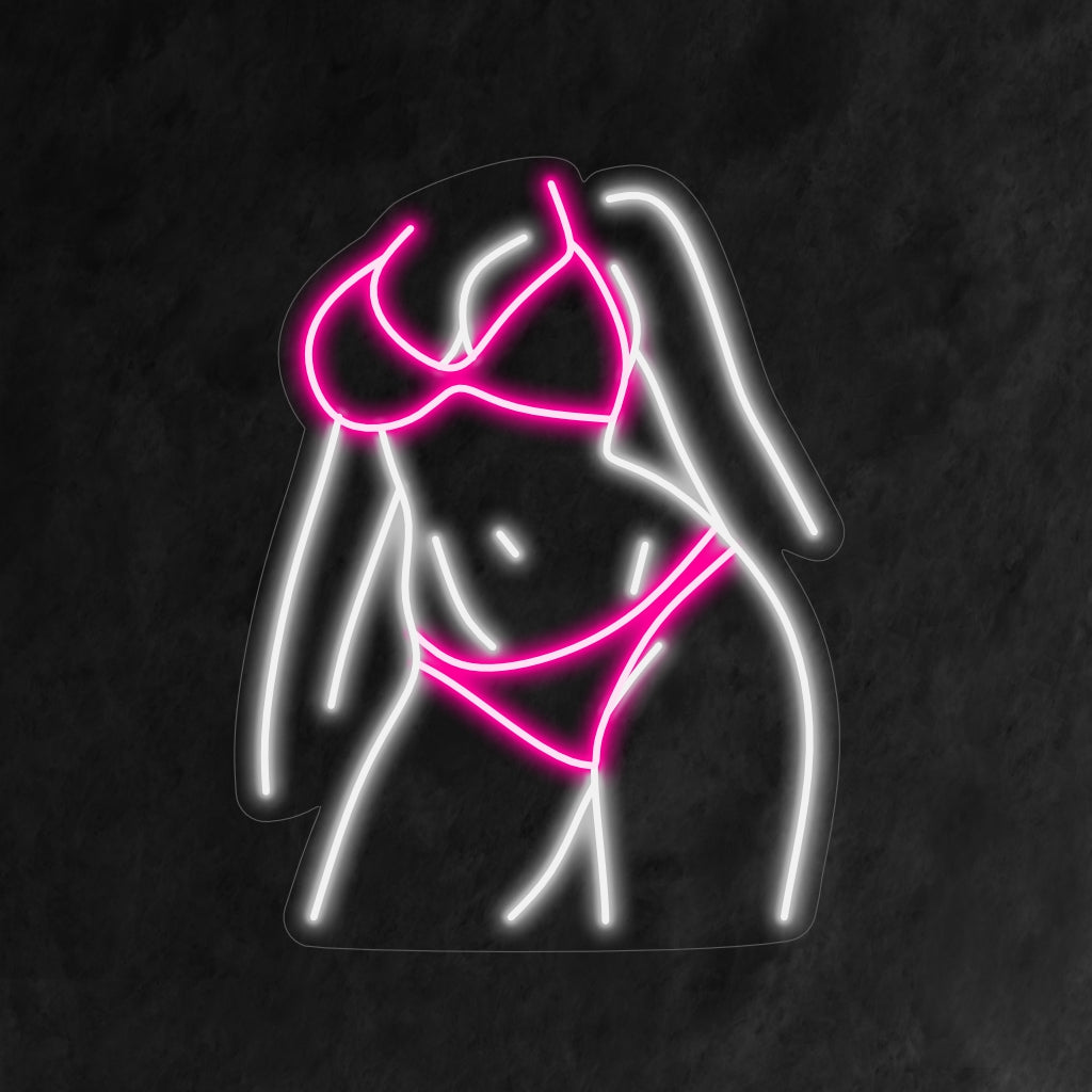 "Meisje in bikini voor lichaam neonbord" - Voegt een vleugje strandsfeer en zomerse allure toe, perfect voor bars en resorts met een strandthema, en roept een gevoel van zonneschijn en ontspanning op.